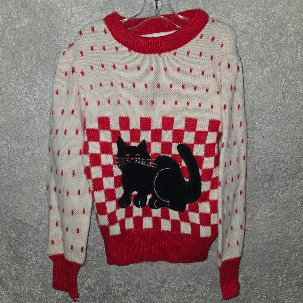 Vintage Images Red White Checkered Black Cat Novelty Knit Sweater GIRLS